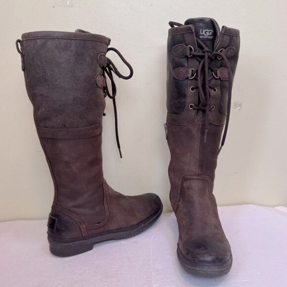 UGG ELSA Waterproof Tall Leather Suede Boots Zipper Laces Brown Winter Neutral 6 - Picture 8 of 16